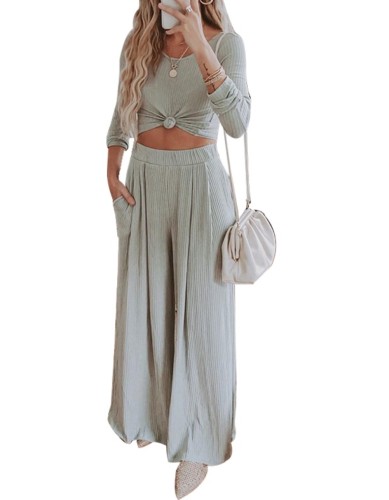 Gray Knit Casual Top with Wide Leg Pants