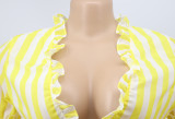 Yellow Striped Ruffles Tie Front Crop Top & Long Skirt