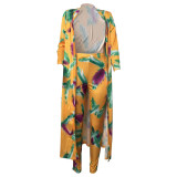 Plus Size Feather Yellow Print Long Cardigan and pants Set