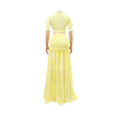 Yellow Striped Ruffles Tie Front Crop Top & Long Skirt