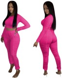 Hot Pink Long Sleeve Ruched Crop Top and Pants Set