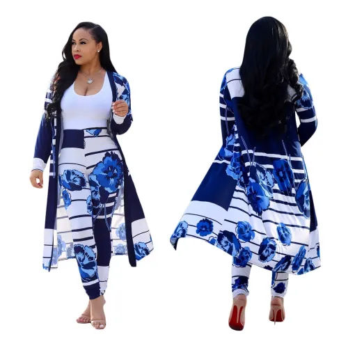 Plus Size Floral Print Long Cardigan and pants Set