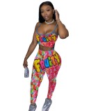 Colorful Print Strap Two Piece Leggings Jogger Set