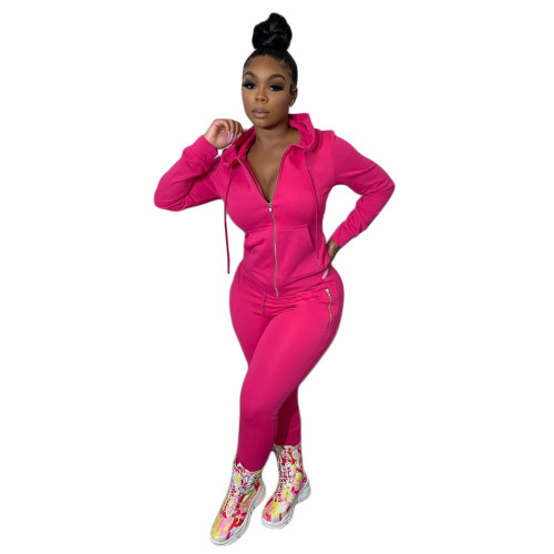 Plus Size Hot Pink Zipper Hooded Tracksuit