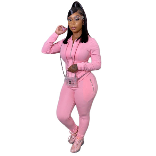 Plus Size Solid Pink Zipper Hooded Tracksuit
