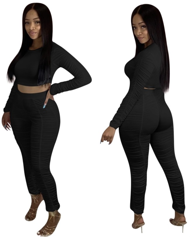 Black Long Sleeve Ruched Crop Top and Pants Set