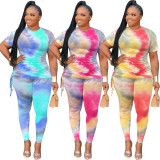 Plus Size Tie Dye Hot Pink Short Sleeve Tee and Pants Set