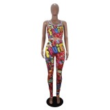Colorful Print Strap Two Piece Leggings Jogger Set