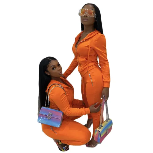 Plus Size Solid Orange Zipper Hooded Tracksuit