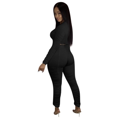 Black Long Sleeve Ruched Crop Top and Pants Set