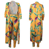 Plus Size Feather Yellow Print Long Cardigan and pants Set