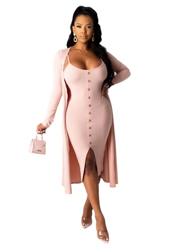 Light Pink Button Cami Midi Knitted Dress with Matching Coat