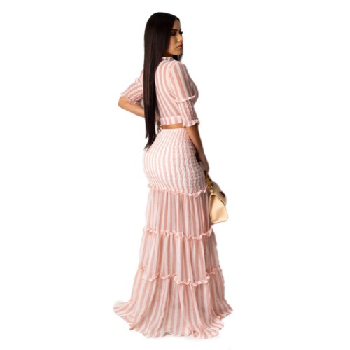 Pink Striped Ruffles Tie Front Crop Top & Long Skirt