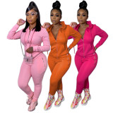 Plus Size Hot Pink Zipper Hooded Tracksuit