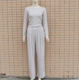 Gray Knit Casual Top with Wide Leg Pants