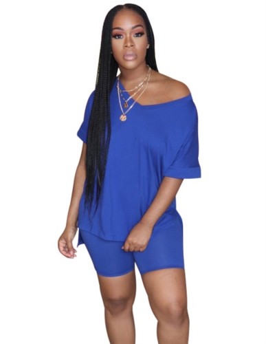 Blue V-Neck Casual Two Piece Shorts Set