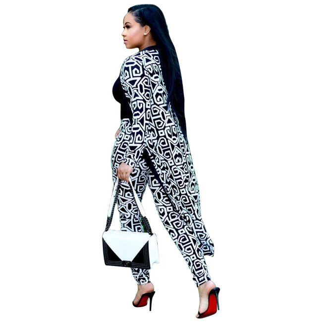 Plus Size Black White Print Long Cardigan and pants Set