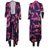 Plus Size Feather Navy Print Long Cardigan and pants Set