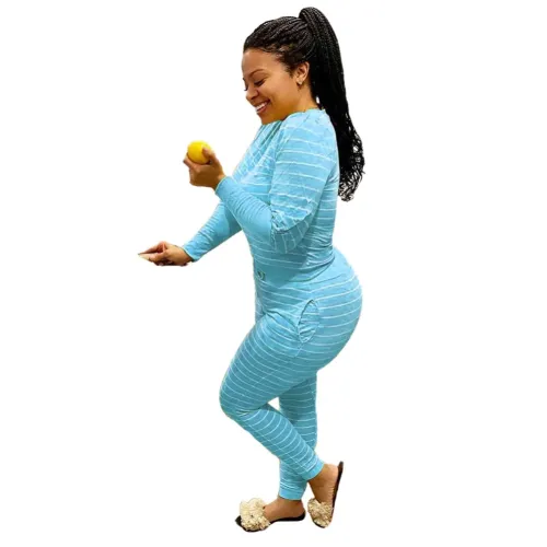 Cyan Striped Long Sleeve Casual Two Piece Pants Set