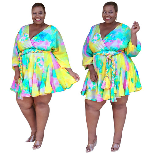 Plus Size Print Yellow A-Line Braid Belted Short Dress