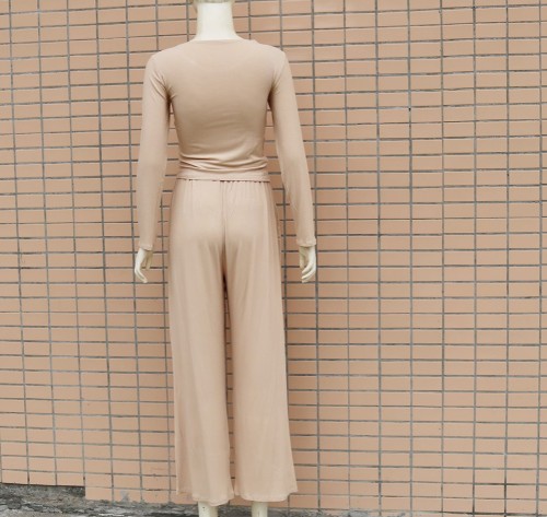 Nude Knit Casual Top with Wide Leg Pants