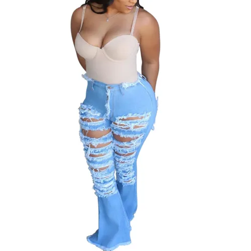 Ripped Holes Light Blue Flare Jeans