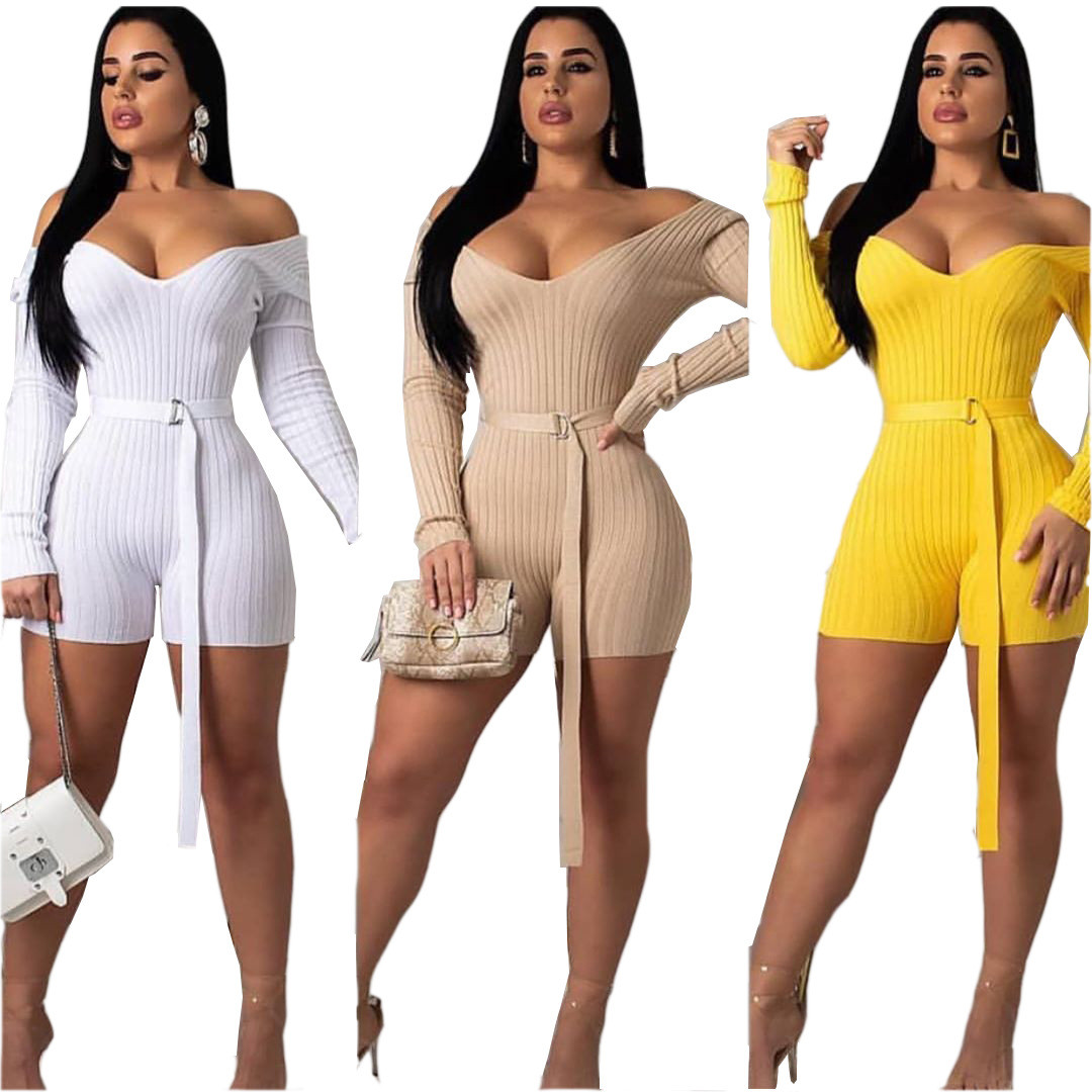 Yellow Knit V Neck Bodycon Romper with Belt US 7.11