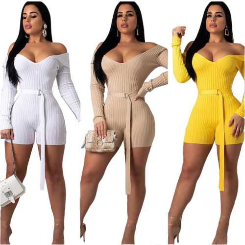 Yellow Knit V Neck Bodycon Romper with Belt