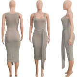 Gray Knit Sleeveless Dress with Cardigan 2PCS