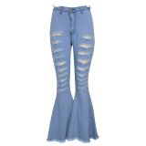 Ripped Holes Light Blue Flare Jeans