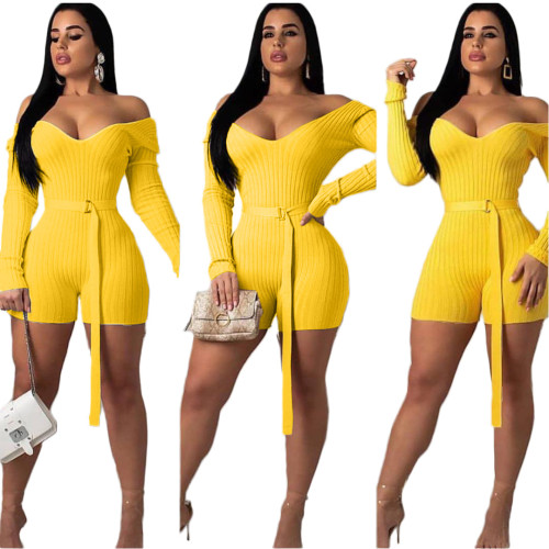 Yellow Knit V Neck Bodycon Romper with Belt