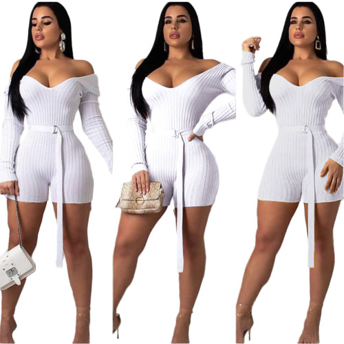 White Knit V Neck Bodycon Romper with Belt