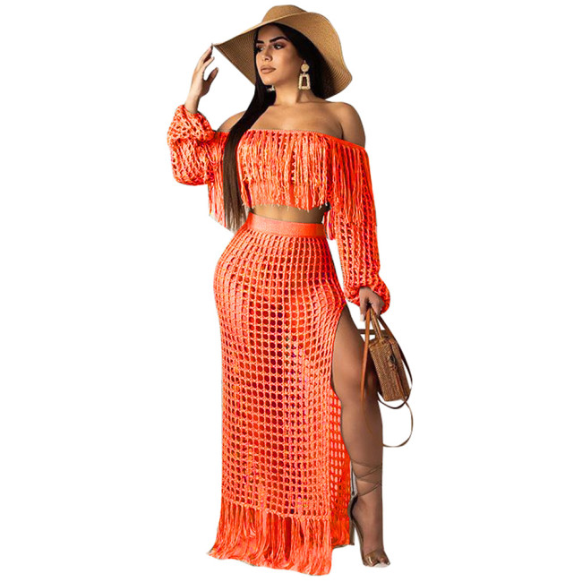 Hollow Out Orange Crochet Top & Long Beach Skirt Set