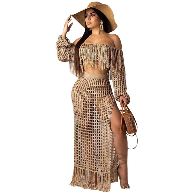 Hollow Out Khaki Crochet Top & Long Beach Skirt Set