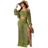 Hollow Out Army Green Crochet Top & Long Beach Skirt Set