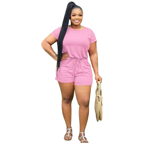 Plus Size Pink Short Sleeve Drawstring Romper