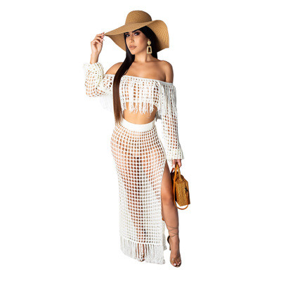 Hollow Out White Crochet Top & Long Beach Skirt Set