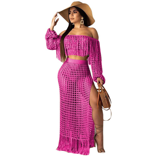 Hollow Out Pink Crochet Top & Long Beach Skirt Set