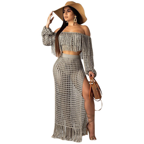 Hollow Out Gray Crochet Top & Long Beach Skirt Set