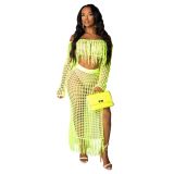 Hollow Out Neon Green Crochet Top & Long Beach Skirt Set
