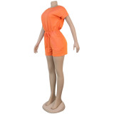 Plus Size Orange Short Sleeve Drawstring Romper