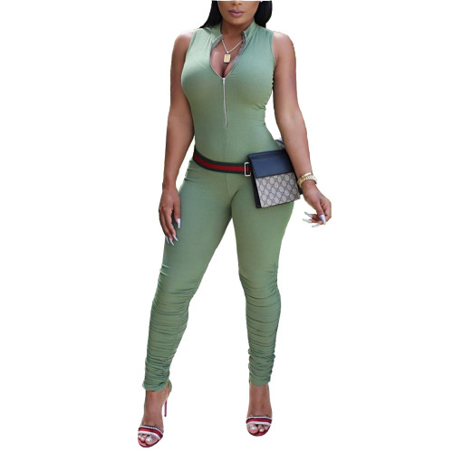 Green Sleeveless Zip Up Staked Jumpsuit