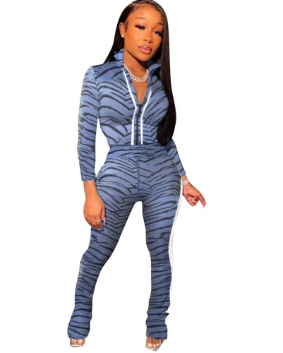 Blue Contrast Zebra Print Zipper Top & Pants
