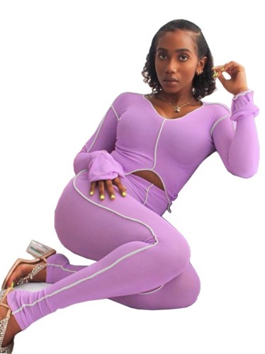 Purple O-Neck Crop Top and High Waist Pants Set