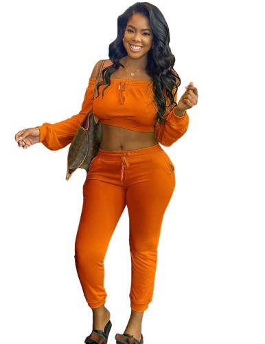 Orange Off Shoulder Crop Top and Drawstring Pants