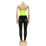 Green Halter Cut Out Crop Top and Mesh Leggings