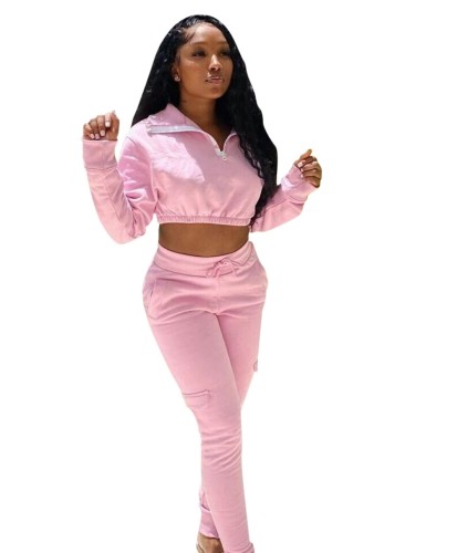 Pink Zipper Pocket Crop Top and Pants Sweatsuit