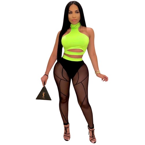 Green Halter Cut Out Crop Top and Mesh Leggings