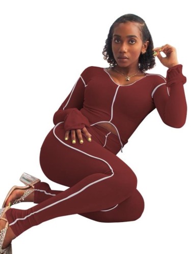 Wine Red O-Neck Crop Top and High Waist Pants Set