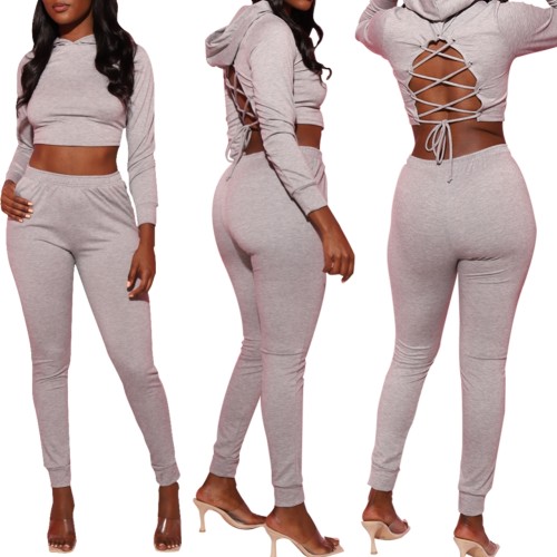 Light Gray Lace-up Hoodie Crop Top and Pants